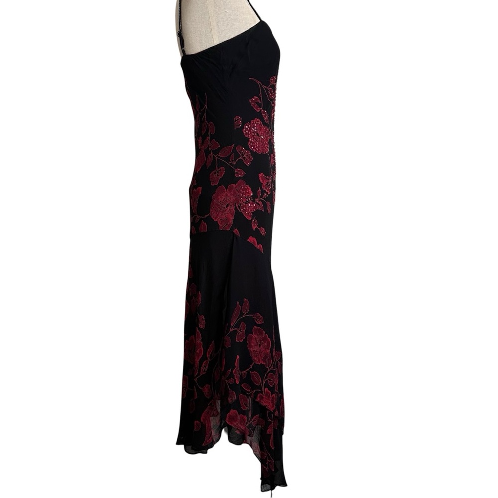 Vintage Eva Blue Bias Cut Dress Dark Fairy Black With Red Roses Beaded Medium - Picture 3 of 10